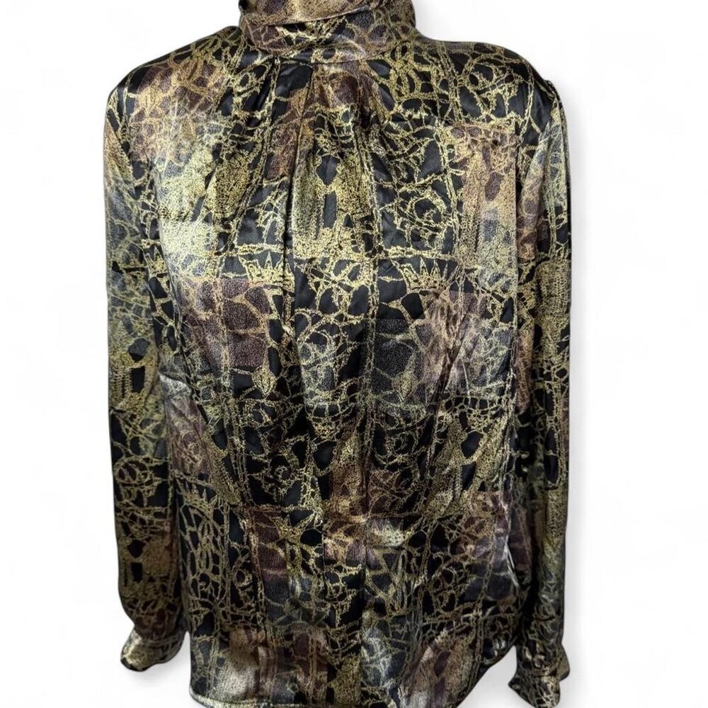 Vintage Niccola Black Gold Satin High Neck Blouse Size 8 Abstract Baroque